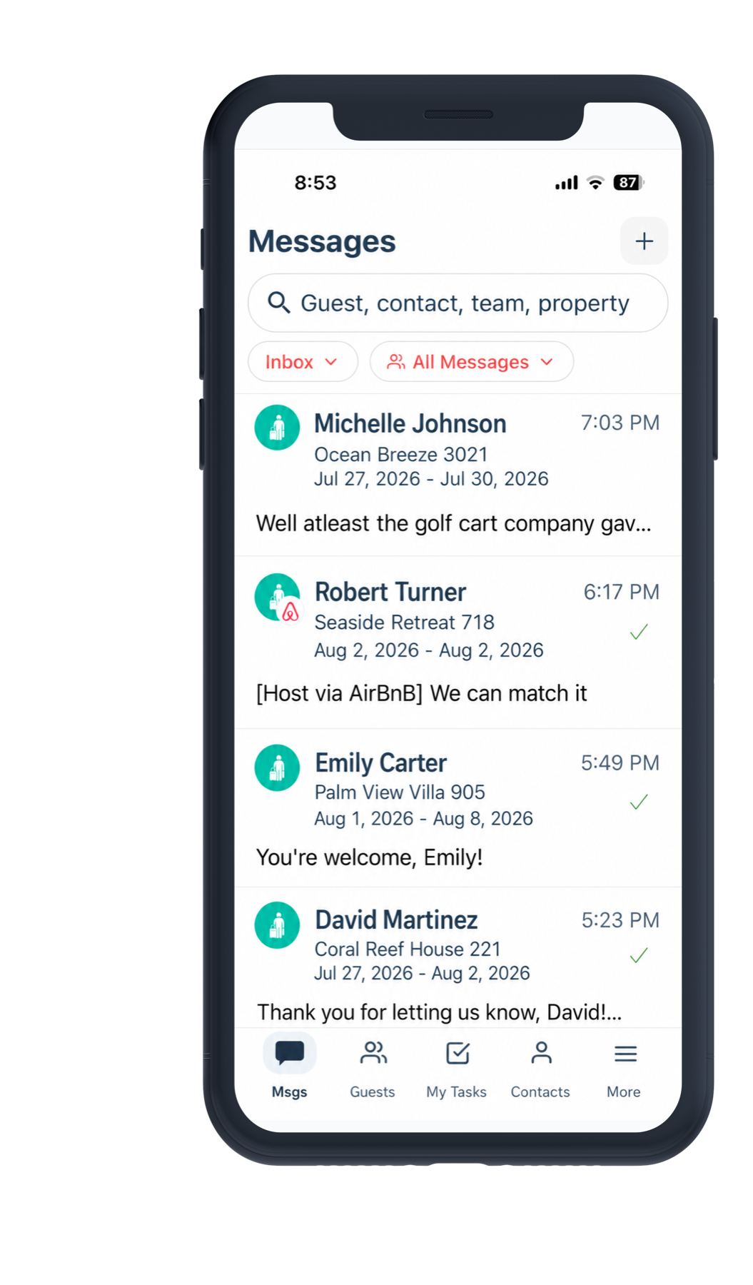 RueBaRue mobile Messages screen